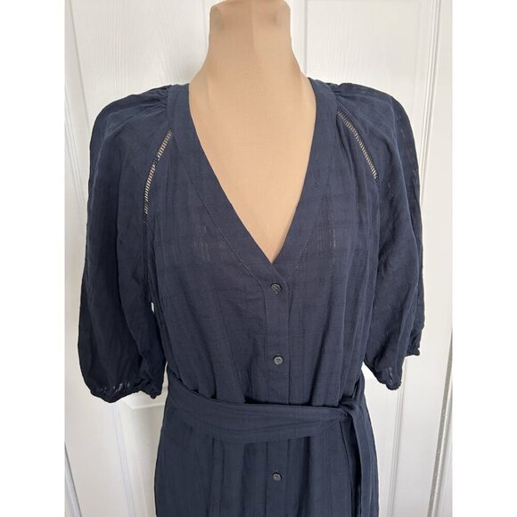 MADEWELL Tie-Waist Tiered Midi Dress Windowpane Navy Blue Button Up Size 8 - Picture 6 of 16
